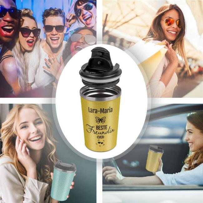 Tassendruck To-Go Edelstahlbecher Glitzer - Beste Freundin ever - mit Name Neuheiten