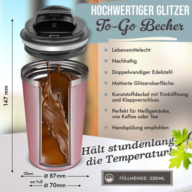 Tassendruck Glitzer-Edelstahlbecher mit Wunschtext - 350 ml - in 4 Farben Räumungsverkauf