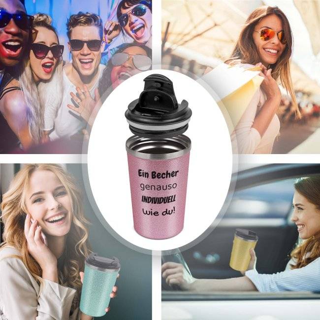 Tassendruck Glitzer-Edelstahlbecher mit Wunschtext - 350 ml - in 4 Farben Räumungsverkauf