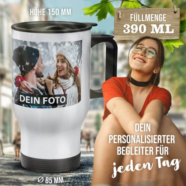 Tassendruck Thermobecher aus Edelstahl - weiß mit Deckel Sonderangebote