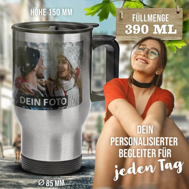 Tassendruck Thermobecher silber mit Deckel VIP-Rabatte
