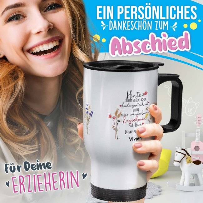 Tassendruck Thermobecher für Erzieherin - Hinter jedem Kind - Blumen - mit Name personalisierbar - Weiß Tiefpreis