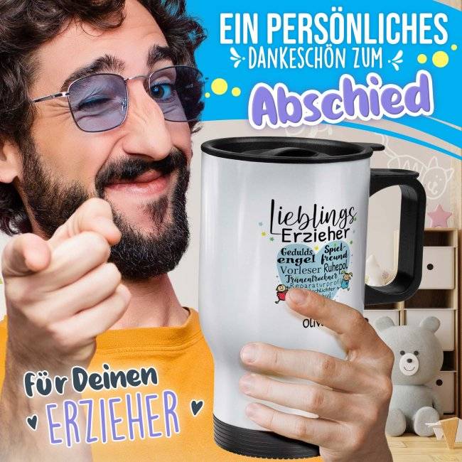 Tassendruck Thermobecher für Erzieher - Lieblingserzieher - mit Name personalisierbar - Weiß Begrenzte Freigabe