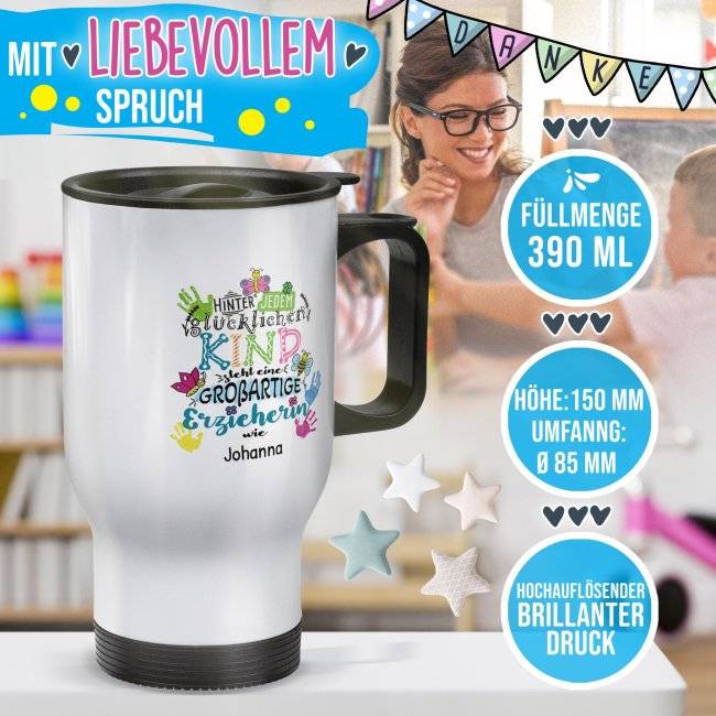 Tassendruck Thermobecher für Erzieherin - Hinter jedem Kind - bunt - mit Name personalisierbar - Weiß JETZT KAUFEN