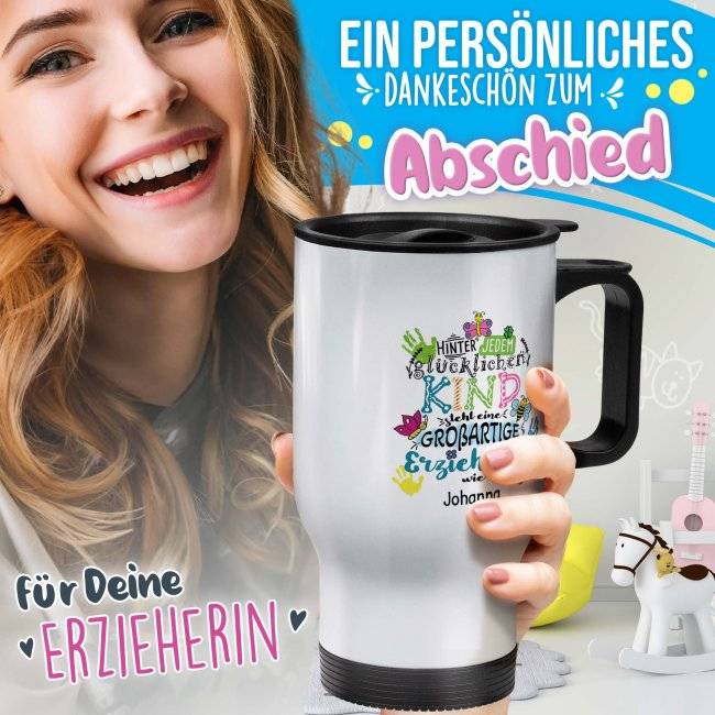 Tassendruck Thermobecher für Erzieherin - Hinter jedem Kind - bunt - mit Name personalisierbar - Weiß JETZT KAUFEN