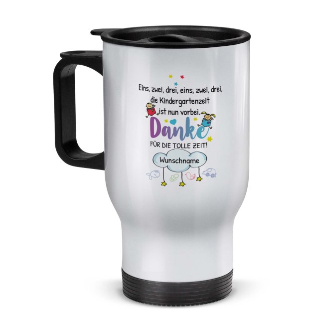 Tassendruck Thermobecher für Erzieher - Eins, Zwei, Drei - Danke für die tolle Zeit - mit Name personalisierbar - Weiß