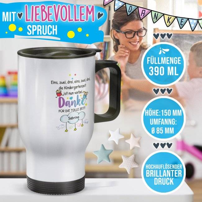 Tassendruck Thermobecher für Erzieher - Eins, Zwei, Drei - Danke für die tolle Zeit - mit Name personalisierbar - Weiß Letzter Tag