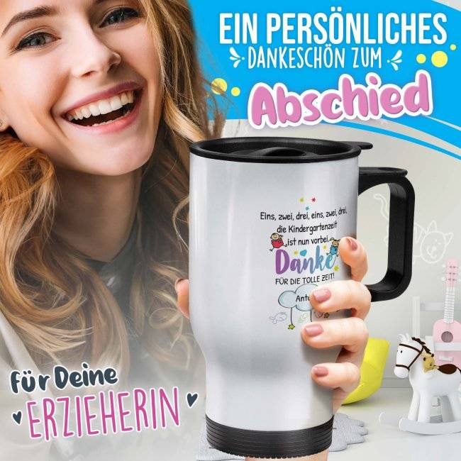 Tassendruck Thermobecher für Erzieher - Eins, Zwei, Drei - Danke für die tolle Zeit - mit Name personalisierbar - Weiß Letzter Tag