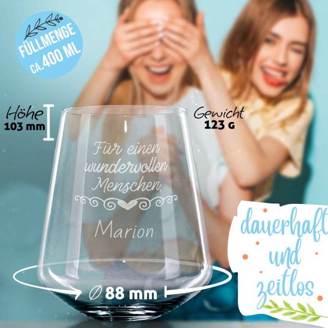 Tassendruck Trinkglas mit Gravur - Für einen wundervollen Menschen - mit Name personalisierbar zollfrei