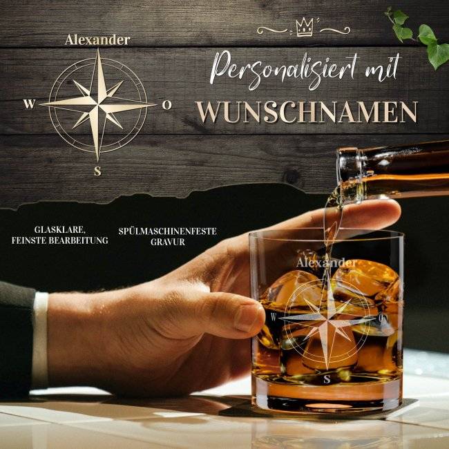 Tassendruck Whiskyglas - Kompass -Name - 300 ml Weihnachtsangebot