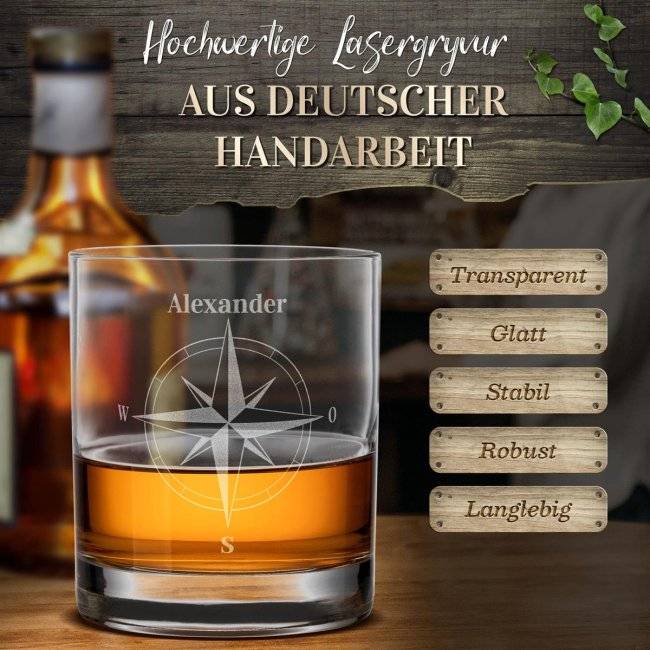 Tassendruck Whiskyglas - Kompass -Name - 300 ml Weihnachtsangebot