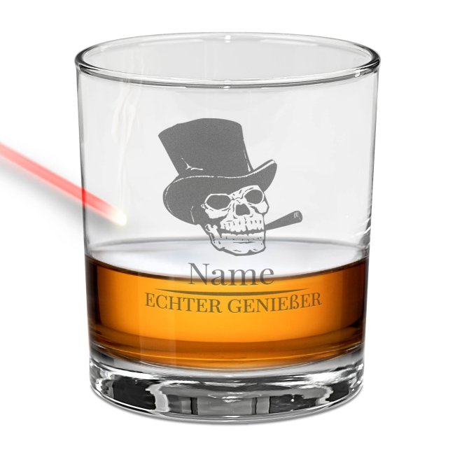 Tassendruck Whiskyglas - Totenkopf Echter Genießer-Name - 300 ml