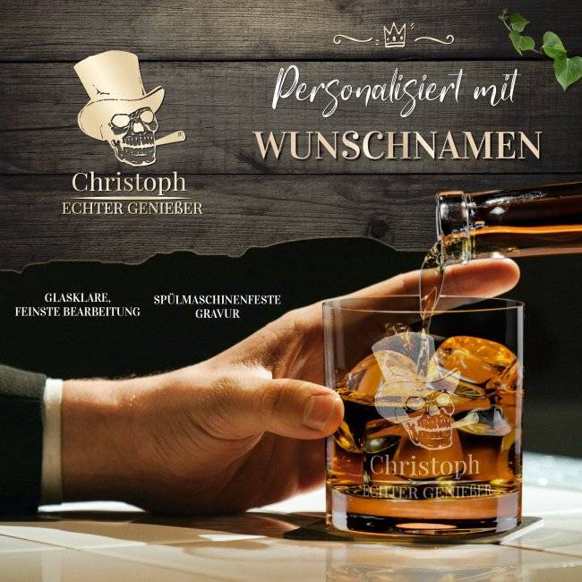 Tassendruck Whiskyglas - Totenkopf Echter Genießer-Name - 300 ml Top Angebot
