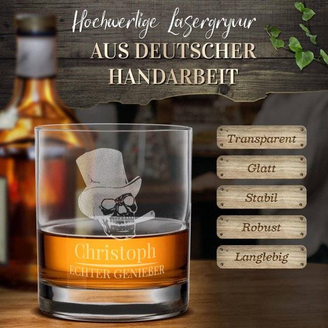 Tassendruck Whiskyglas - Totenkopf Echter Genießer-Name - 300 ml Top Angebot