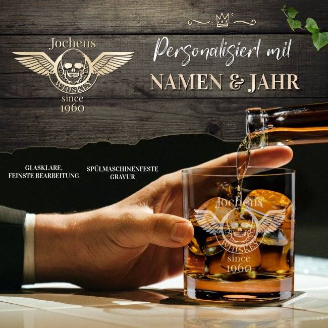 Tassendruck Whiskyglas - Totenkopf Engel-Jahr & Name - 300 ml Zeitlich begrenztes Angebot