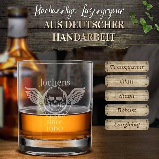 Tassendruck Whiskyglas - Totenkopf Engel-Jahr & Name - 300 ml Zeitlich begrenztes Angebot