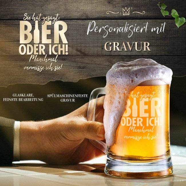 Tassendruck Glas-Bierkrug - Bier oder ich - 450 ml - mit Henkel Räumungsverkauf