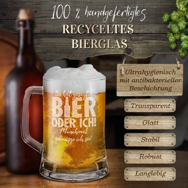 Tassendruck Glas-Bierkrug - Bier oder ich - 450 ml - mit Henkel Räumungsverkauf