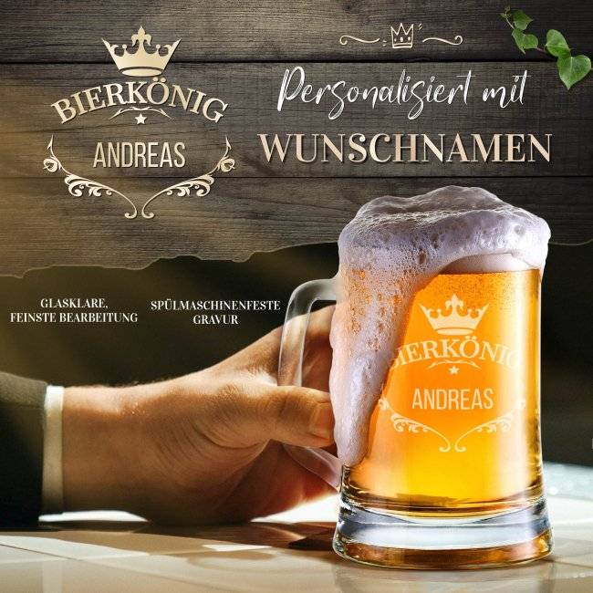 Tassendruck Glas-Bierkrug - Bierkönig-Name - 450 ml - mit Henkel Kauf eins, bekomm eins gratis