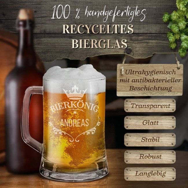Tassendruck Glas-Bierkrug - Bierkönig-Name - 450 ml - mit Henkel Kauf eins, bekomm eins gratis
