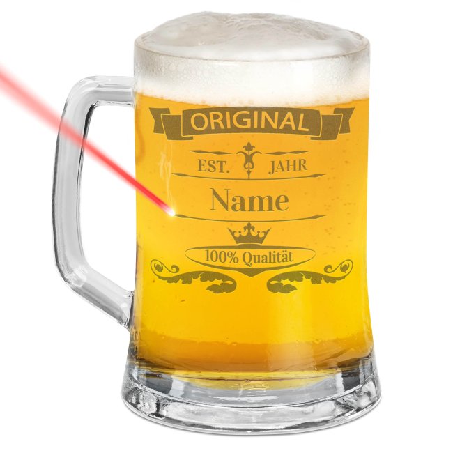 Tassendruck Glas-Bierkrug - Original-Jahr & Name - 450 ml - mit Henkel