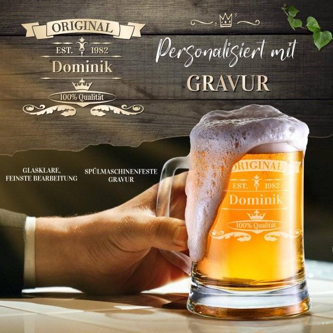 Tassendruck Glas-Bierkrug - Original-Jahr & Name - 450 ml - mit Henkel Riesige Ersparnisse
