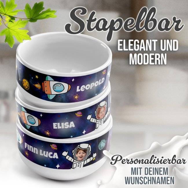 Tassendruck Kinder-Müslischüssel - Astronaut - mit Name und Foto Nur für heute