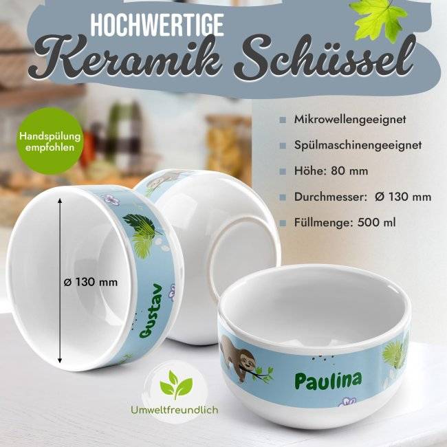 Tassendruck Kinder-Müslischüssel - Faultier - mit Name - 500 ml Nur noch ein Tag übrig