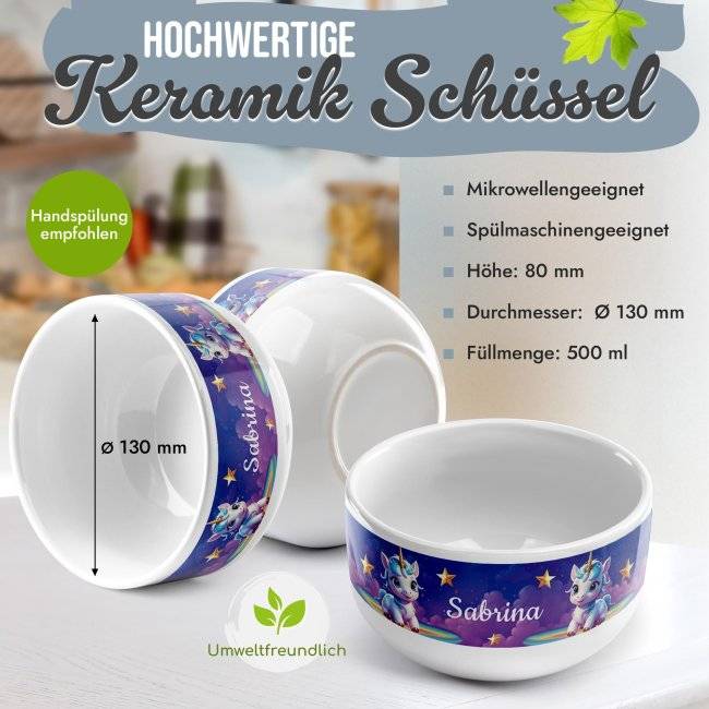 Tassendruck Kinder-Müslischüssel - Einhörner - Wolken - mit Name - 500 ml 50% Rabatt mit kostenlosem Versand