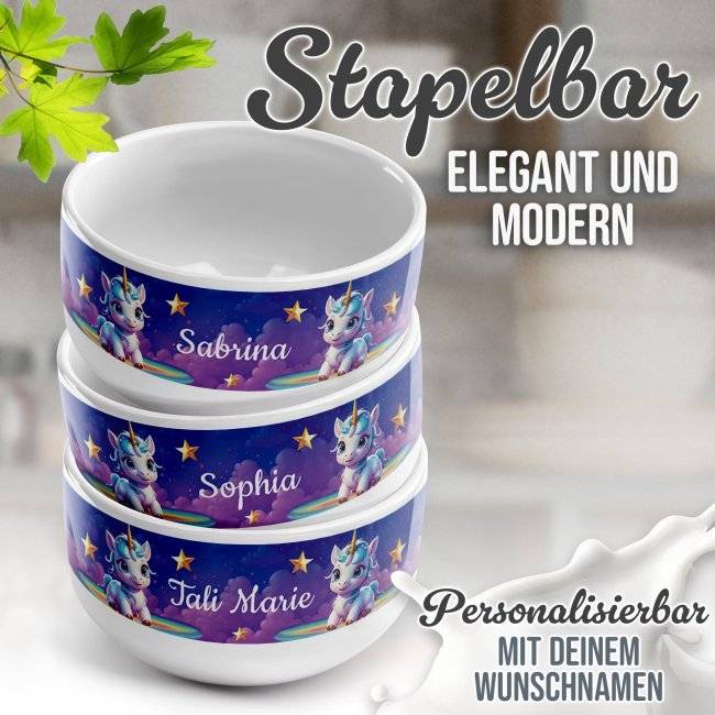 Tassendruck Kinder-Müslischüssel - Einhörner - Wolken - mit Name - 500 ml 50% Rabatt mit kostenlosem Versand