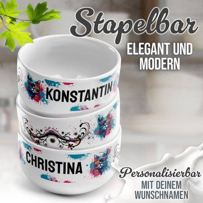 Tassendruck Kinder-Müslischüssel - Katze bunt - mit Name - 500 ml Begrenzt auf 3 Tage