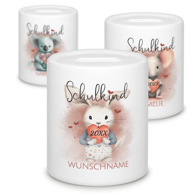 Tassendruck Personalisierbare Spardose als Geschenk zur Einschulung - verschiedene Tiermotive - mit Name und Jahr personalisierbar