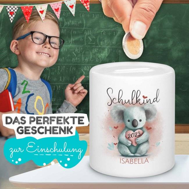 Tassendruck Personalisierbare Spardose als Geschenk zur Einschulung - verschiedene Tiermotive - mit Name und Jahr personalisierbar Exklusivangebot