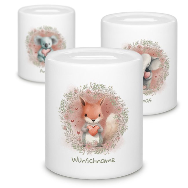 Tassendruck Personalisierte Spardose als Geschenk für Kinder - mit 6 süßen Tiermotiven zur Auswahl - mit Name personalisierbar