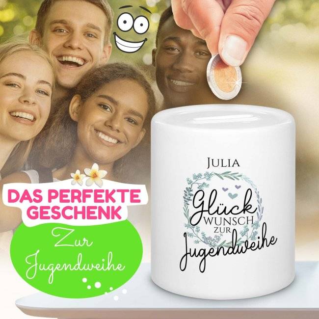 Tassendruck Spardose - Glückwunsch zur Jugendweihe - mit Name personalisierbar Saisonschlussverkauf