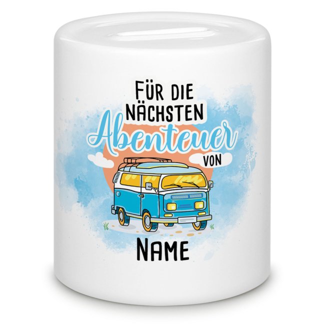 Tassendruck Spardose für den Urlaub - Für die nächsten Abenteuer - mit Name beschriften