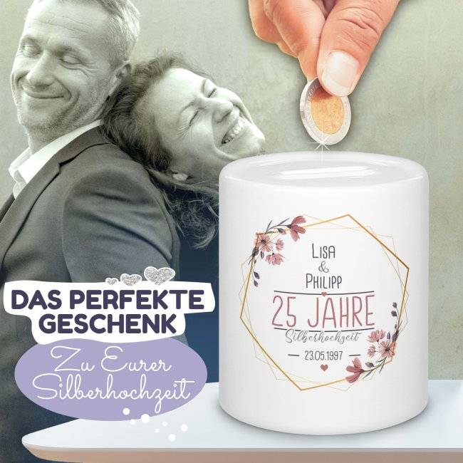 Tassendruck Spardose zu Silberhochzeit - mit Namen und Datum Jubiläumsangebot