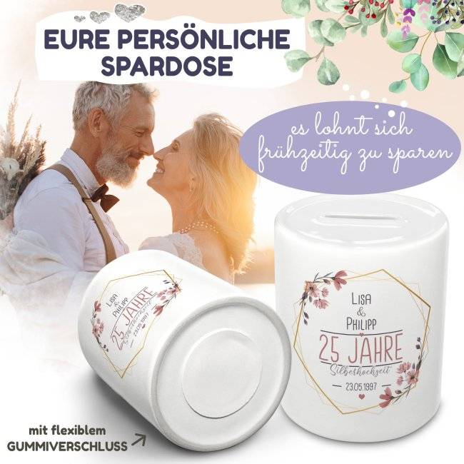 Tassendruck Spardose zu Silberhochzeit - mit Namen und Datum Jubiläumsangebot