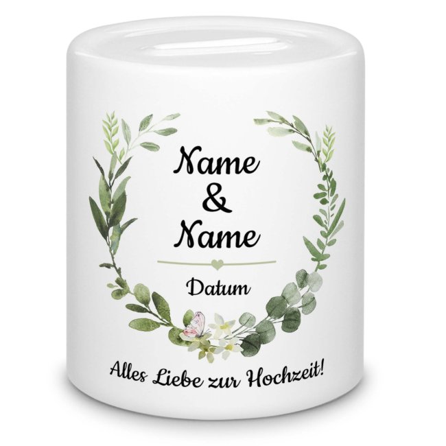 Tassendruck Spardose zur Hochzeit - Blumenkranz - mit Namen und Hochzeitsdatum