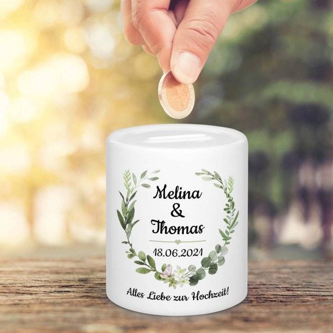 Tassendruck Spardose zur Hochzeit - Blumenkranz - mit Namen und Hochzeitsdatum Neueste Mode