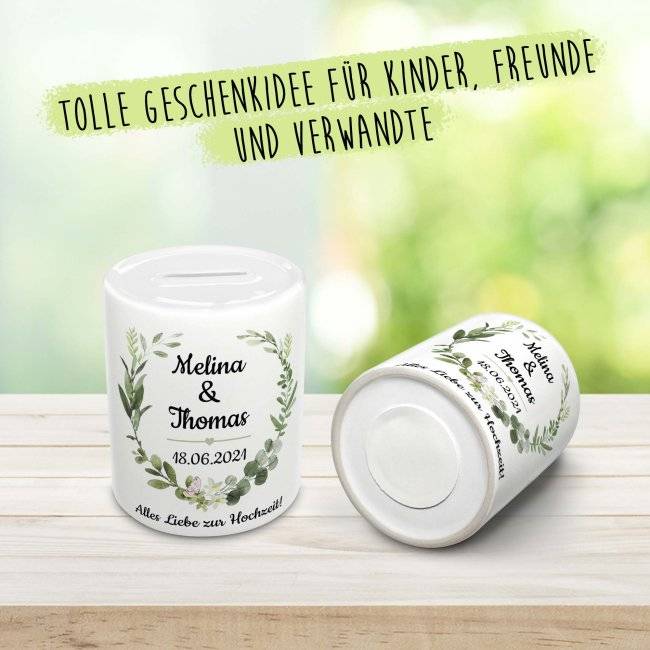 Tassendruck Spardose zur Hochzeit - Blumenkranz - mit Namen und Hochzeitsdatum Neueste Mode