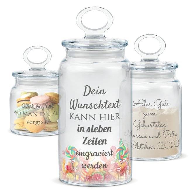 Tassendruck Personalisierte Vorratsdose aus Glas mit Gravur - mit Text selbst gestalten - Verschiedene Größen