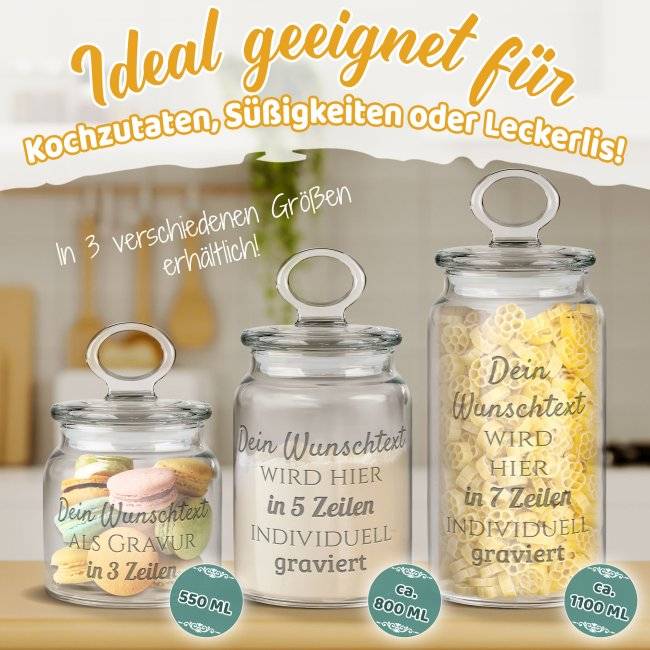 Tassendruck Personalisierte Vorratsdose aus Glas mit Gravur - mit Text selbst gestalten - Verschiedene Größen Online Outlet