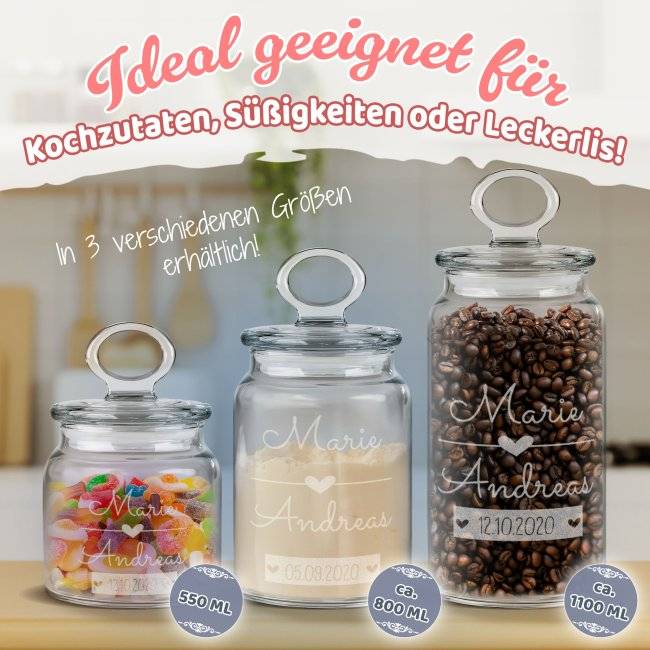 Tassendruck Vorratsdose aus Glas mit Gravur - mit Namen und Datum personalisieren - Verschiedene Größen Zeitlich begrenztes Angebot