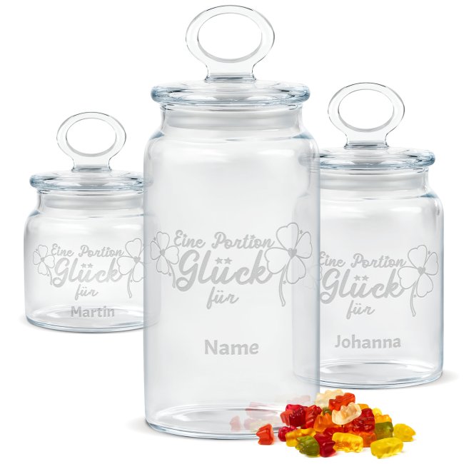 Tassendruck Personalisierte Vorratsdose aus Glas - Eine Portion Glück - mit Name gravieren - Verschiedene Größen