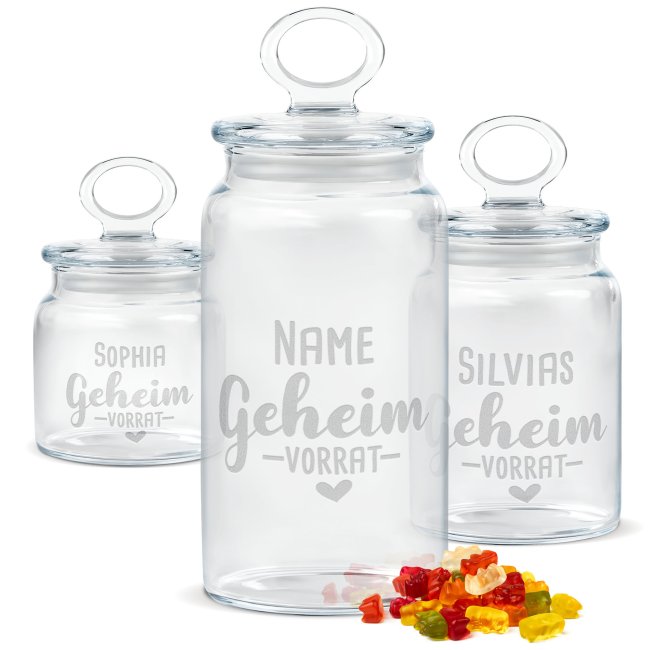 Tassendruck Vorratsdose aus Glas mit Gravur - Geheim Vorrat - mit Name - Verschiedene Größen