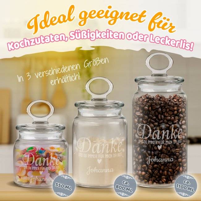 Tassendruck Personalisierte Vorratsdose aus Glas - Danke - mit Name gravieren - Verschiedene Größen Bestseller