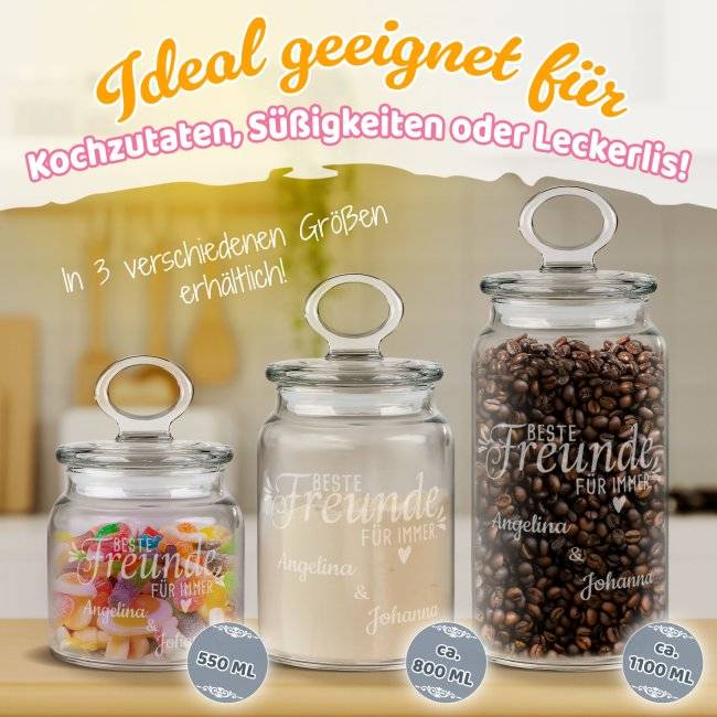 Tassendruck Personalisierte Vorratsdose aus Glas für beste Freunde - mit Namen gravieren - Verschiedene Größen Saisonale Angebote