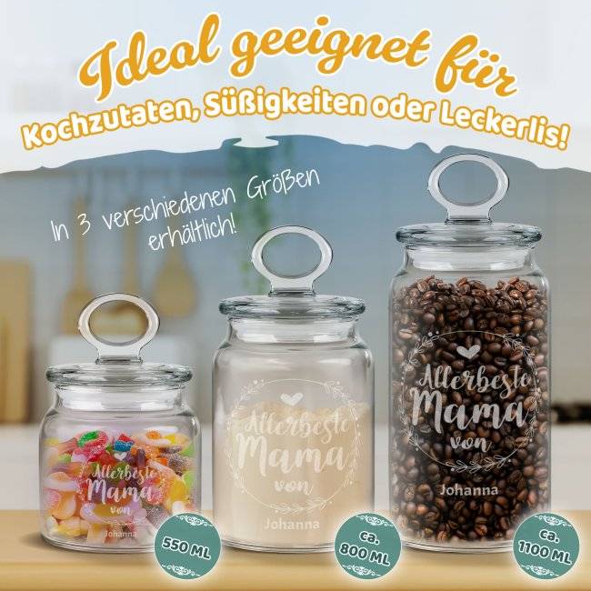 Tassendruck Vorratsdose aus Glas - Allerbeste Mama von - mit Name - Verschiedene Größen Räumungsverkauf