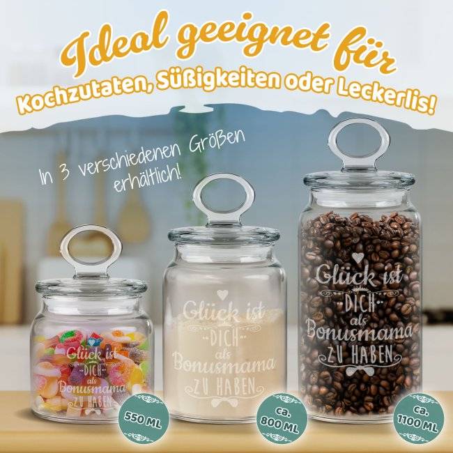 Tassendruck Vorratsdose aus Glas für Bonusmama - mit graviertem Spruch - Verschiedene Größen Tägliche Deals